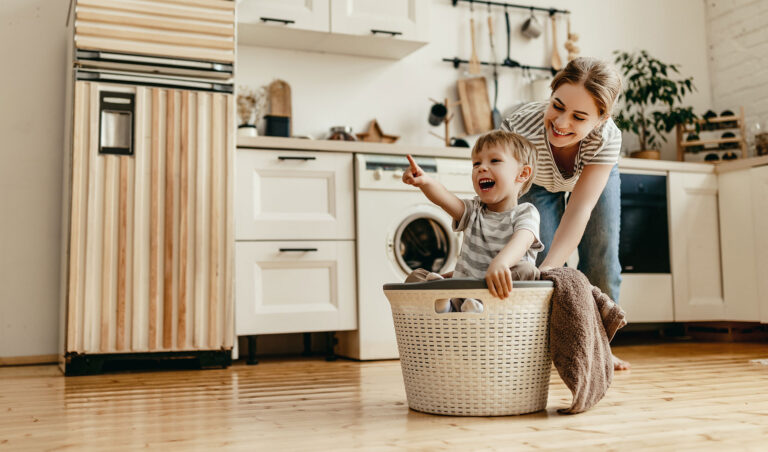 mother and child in kitchen